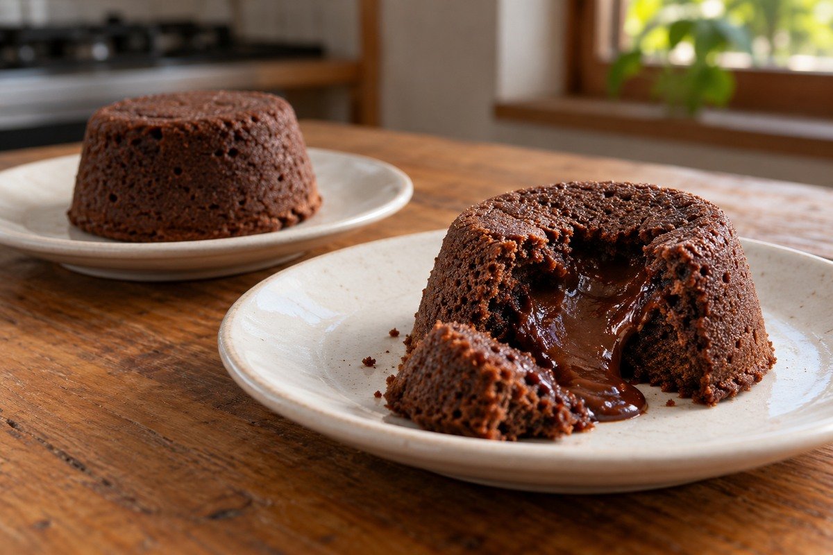 Petit gâteau de chocolate aberto mostrando centro macio