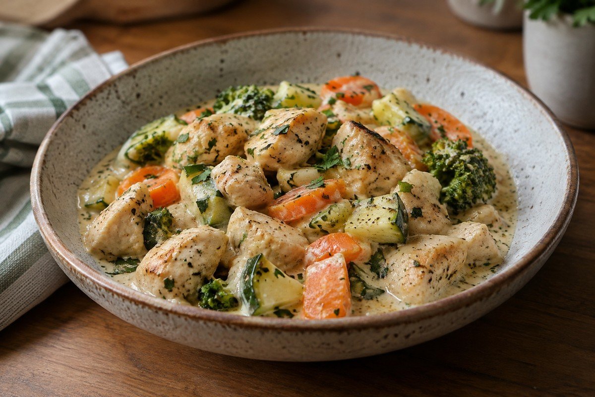 Picadinho de frango cremoso fit em prato rústico com legumes