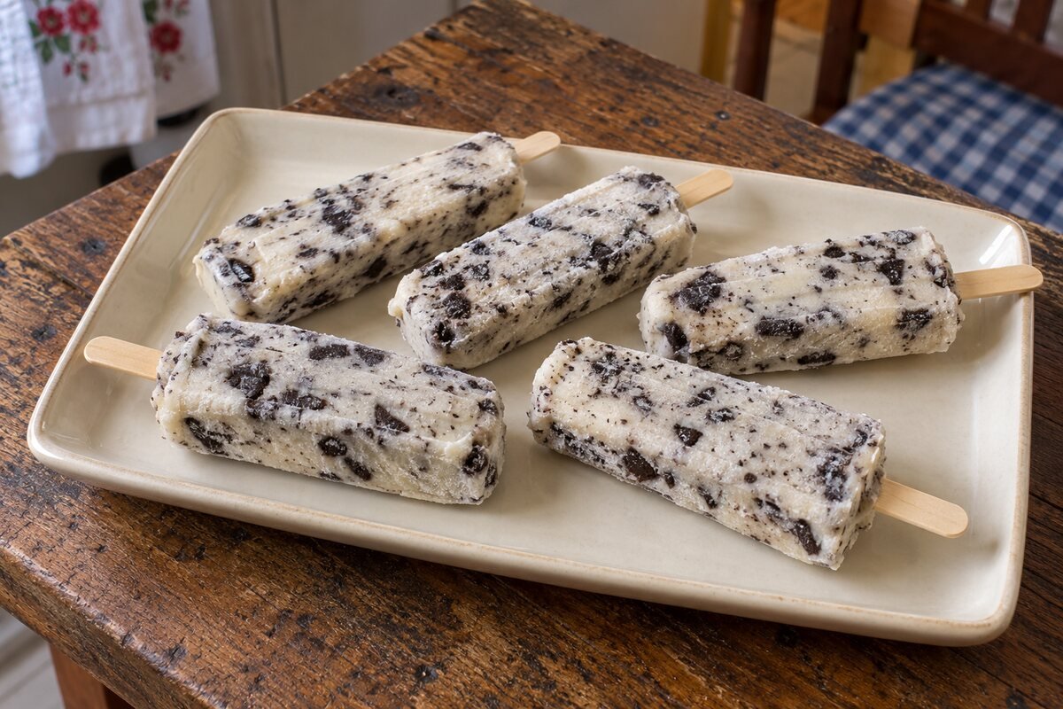 Picolés de Oreo caseiros em uma travessa clara sobre mesa de madeira