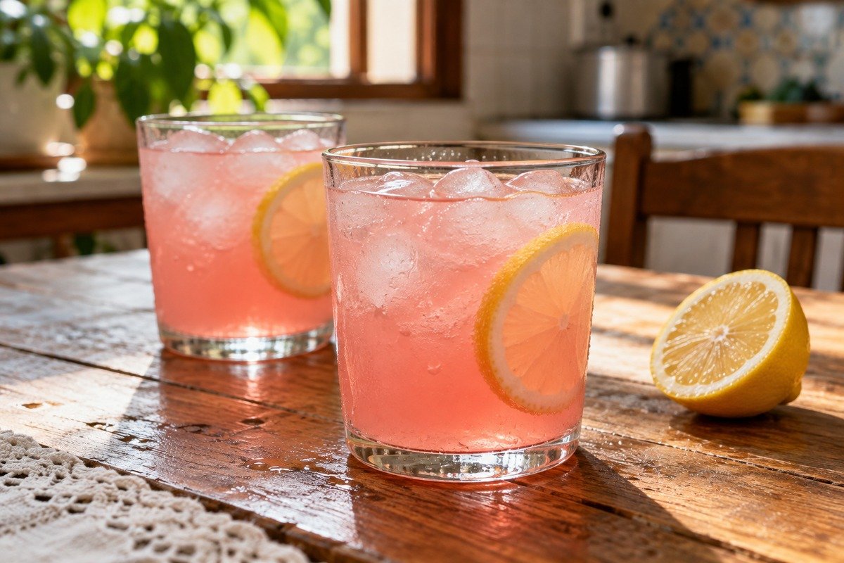 Pink lemonade rosada e translúcida em copos simples com gelo e rodela fina de limão, servida em mesa caseira.
