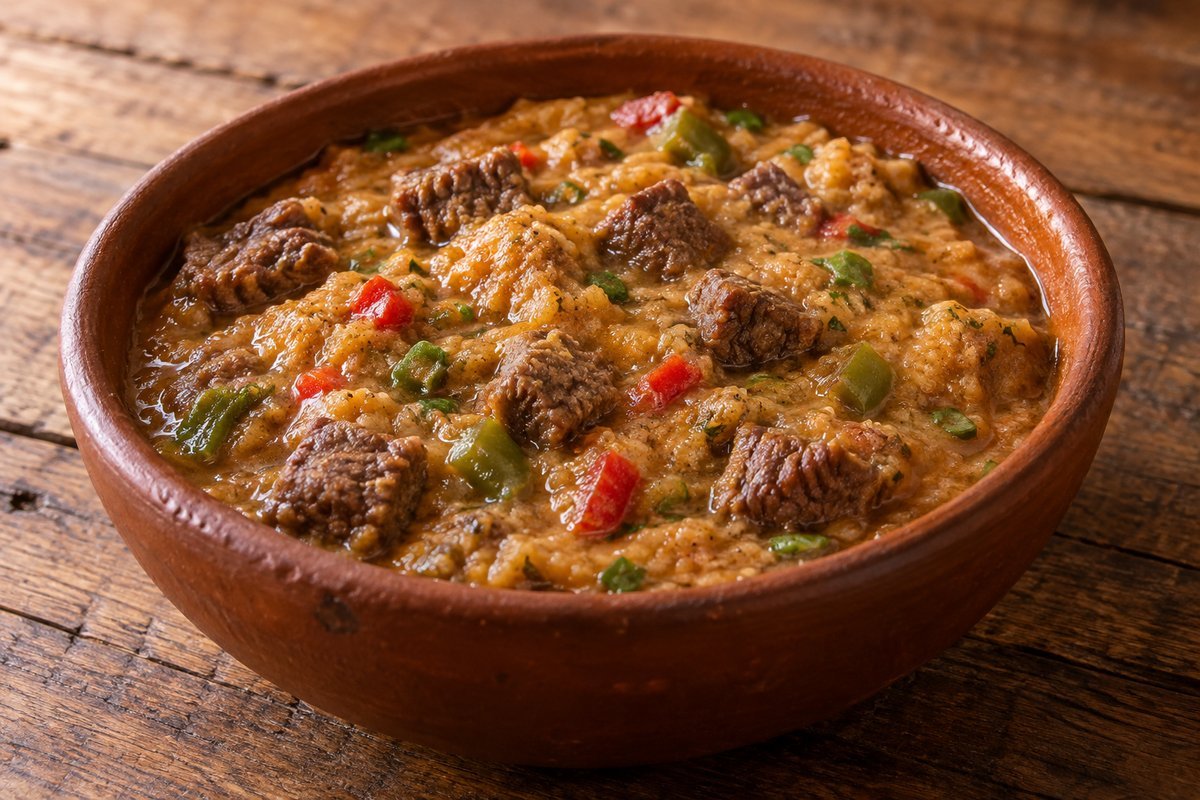 Pirão de carne cremoso com cubos dourados em tigela de barro