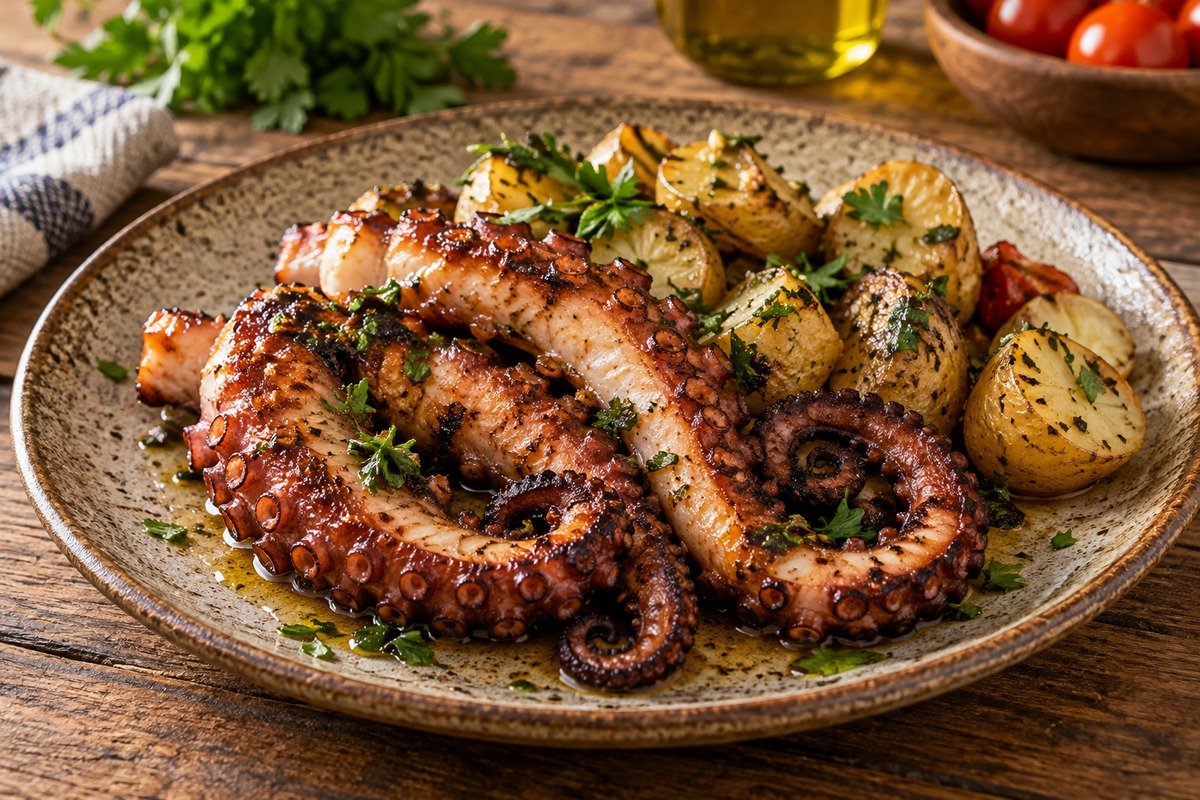 tentáculos de polvo grelhado com marcas douradas e caramelizadas, servidos em prato simples sem acompanhamentos extras