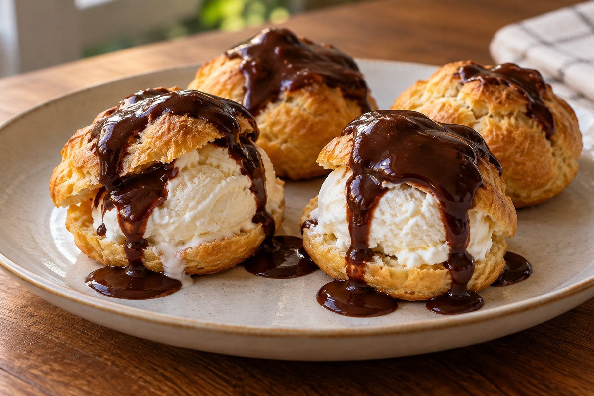 Profiteroles dourados recheados com sorvete de coco e cobertos com calda de chocolate.
