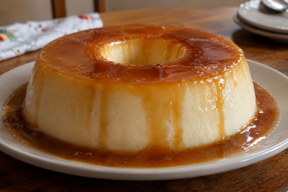 Pudim de maria-mole com calda caramelada em prato simples
