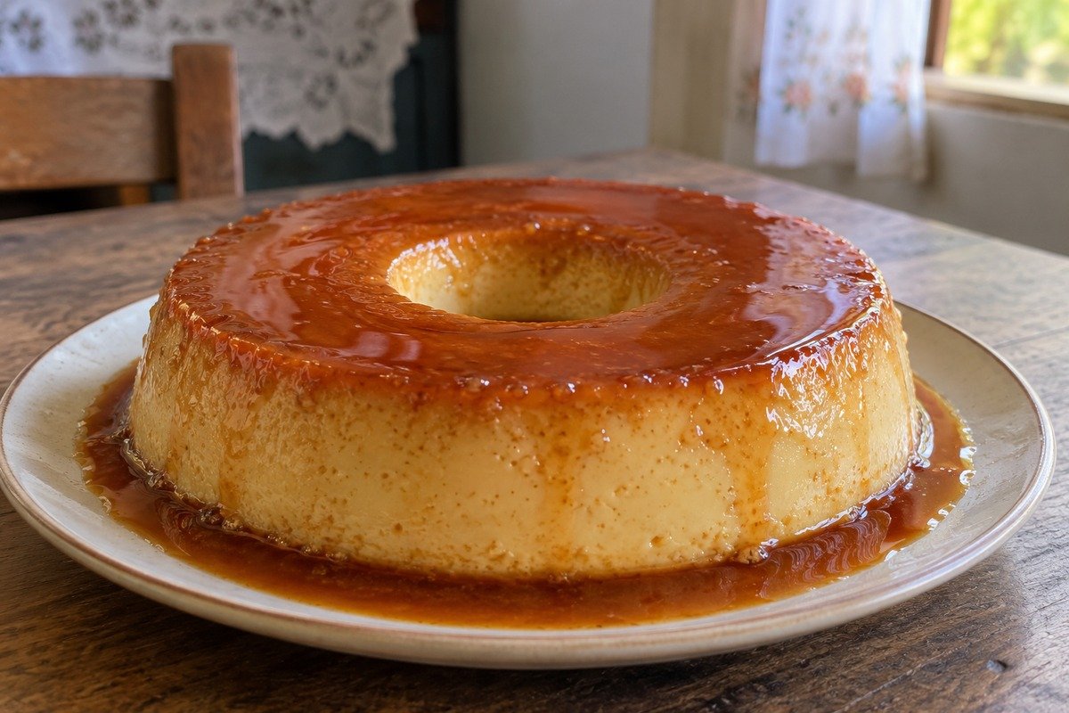 Pudim de micro-ondas com calda de caramelo servido em prato claro sobre mesa rústica