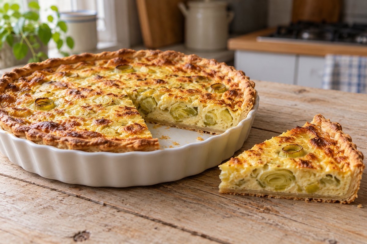 Quiche de alho-poró dourada com uma fatia servida ao lado