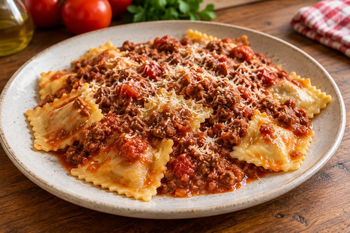 Ravioli de Carne pronto em apresentação caseira sobre mesa de madeira