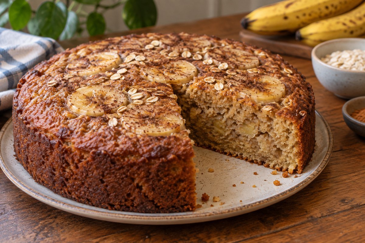 Receita de Bolo de Banana Fitness em apresentação caseira sobre mesa simples
