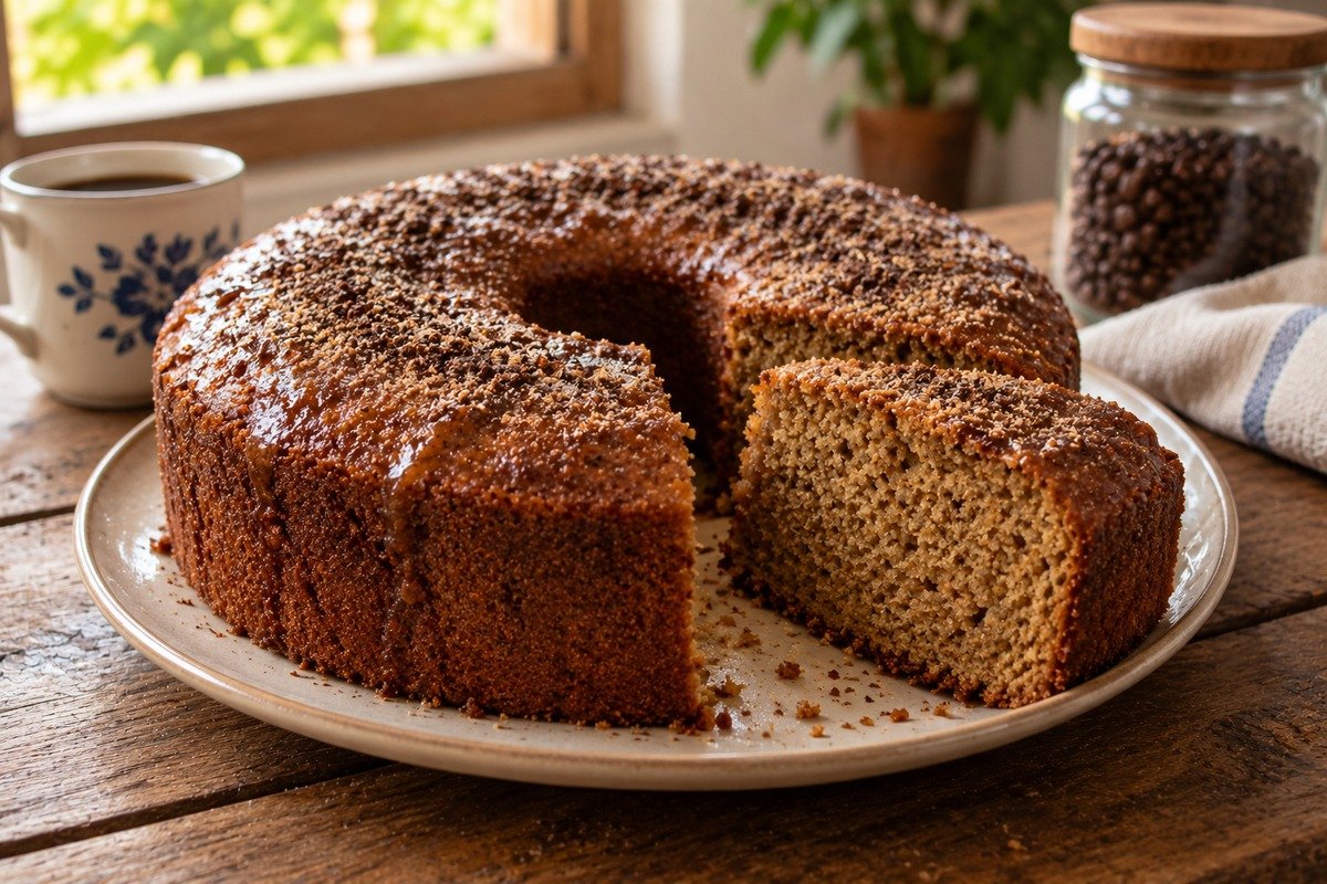 Bolo de café caseiro com fatia cortada sobre mesa rústica