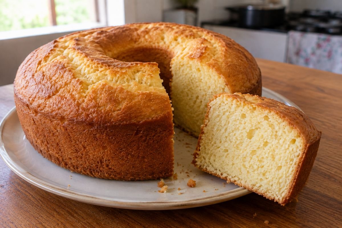 Receita de Bolo de Iogurte em apresentação caseira sobre mesa simples