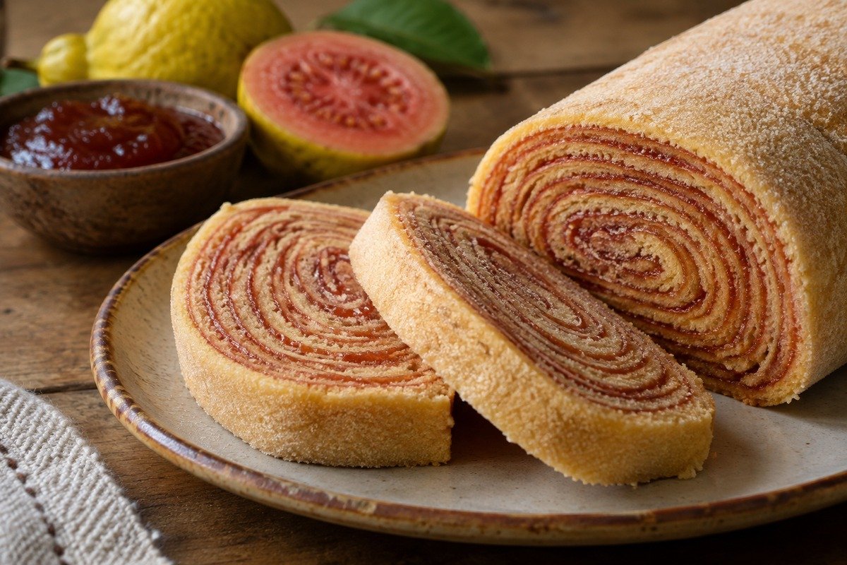 Bolo de rolo fatiado com recheio de goiabada sobre prato simples