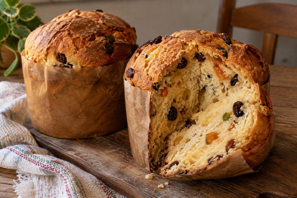 Panetones caseiros dourados com frutas cristalizadas e uvas-passas em formas de papel