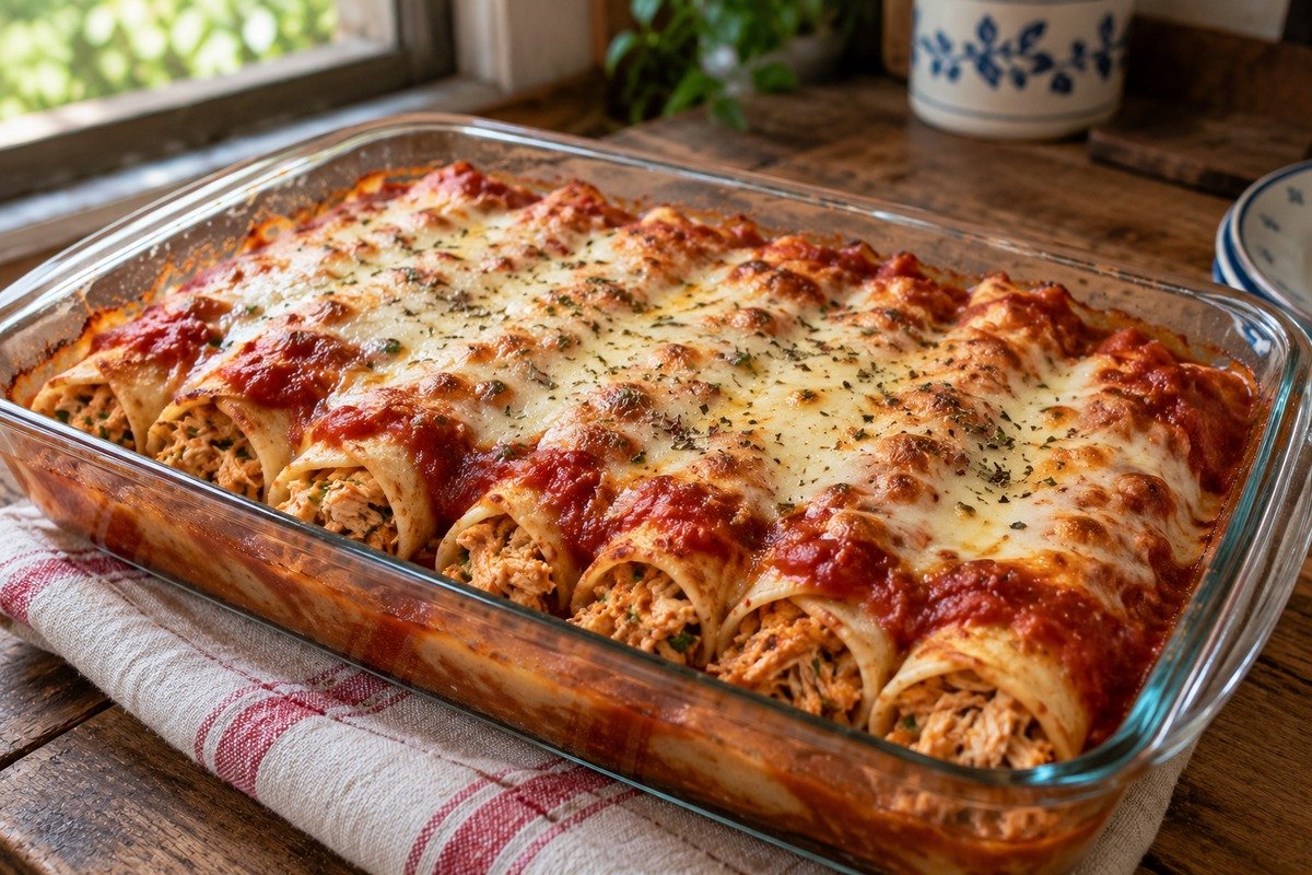 Panquecas enroladas recheadas com frango, cobertas com molho de tomate e queijo gratinado em travessa rústica
