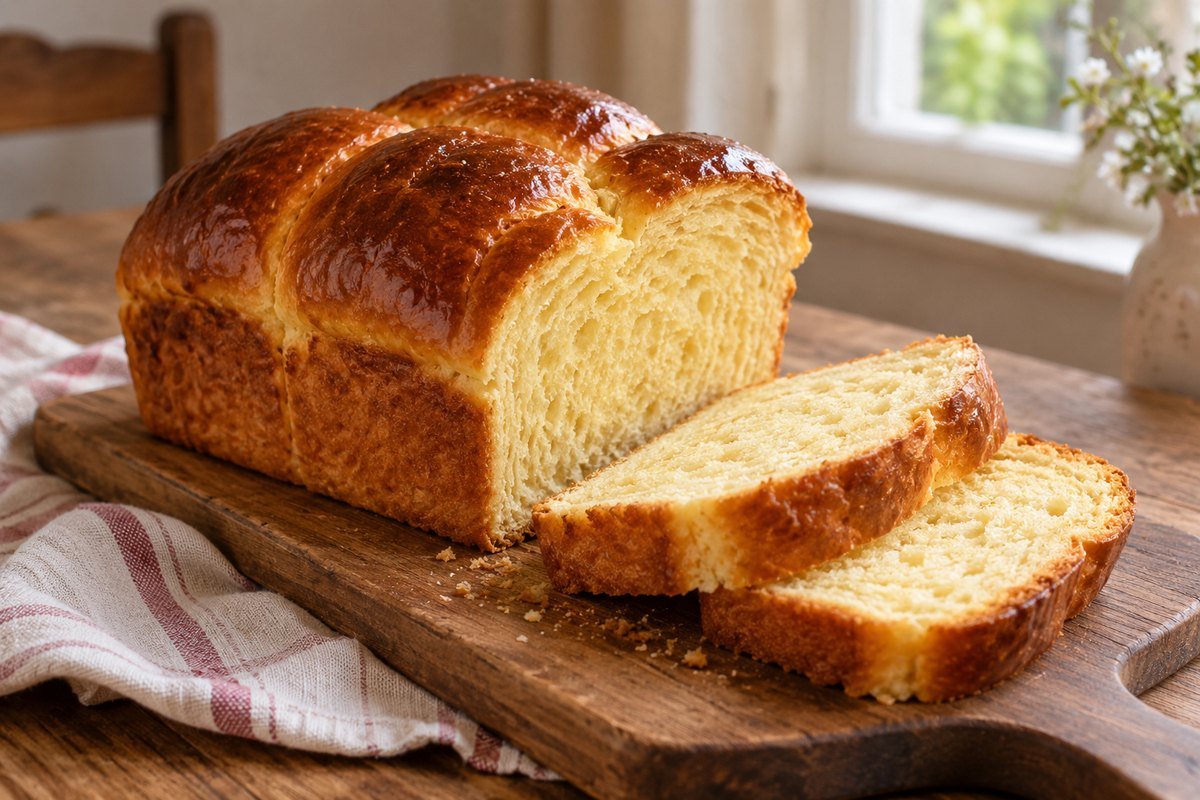 Pão de brioche caseiro dourado, inteiro e com fatias mostrando o miolo macio