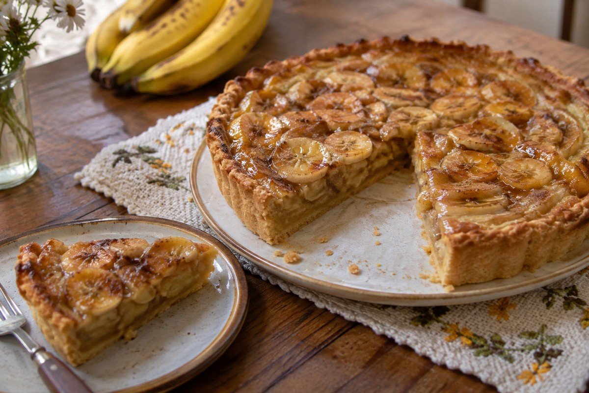 Torta de banana caseira cortada em pedaços sobre mesa de madeira