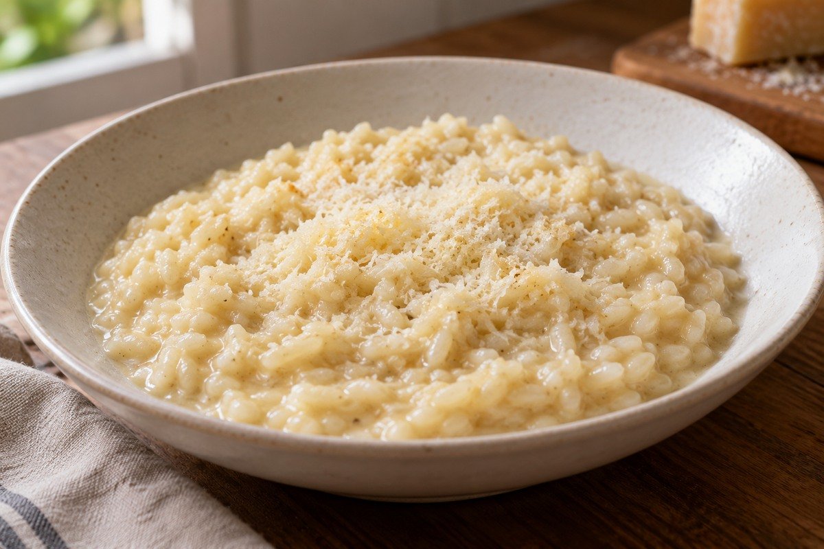 Risoto de queijo cremoso com grãos de arroz visíveis