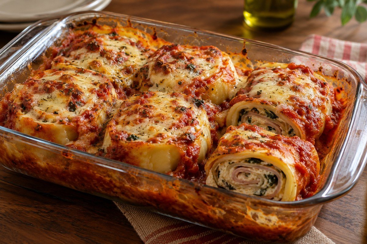 Rondelli com massa de lasanha gratinado em travessa de vidro simples