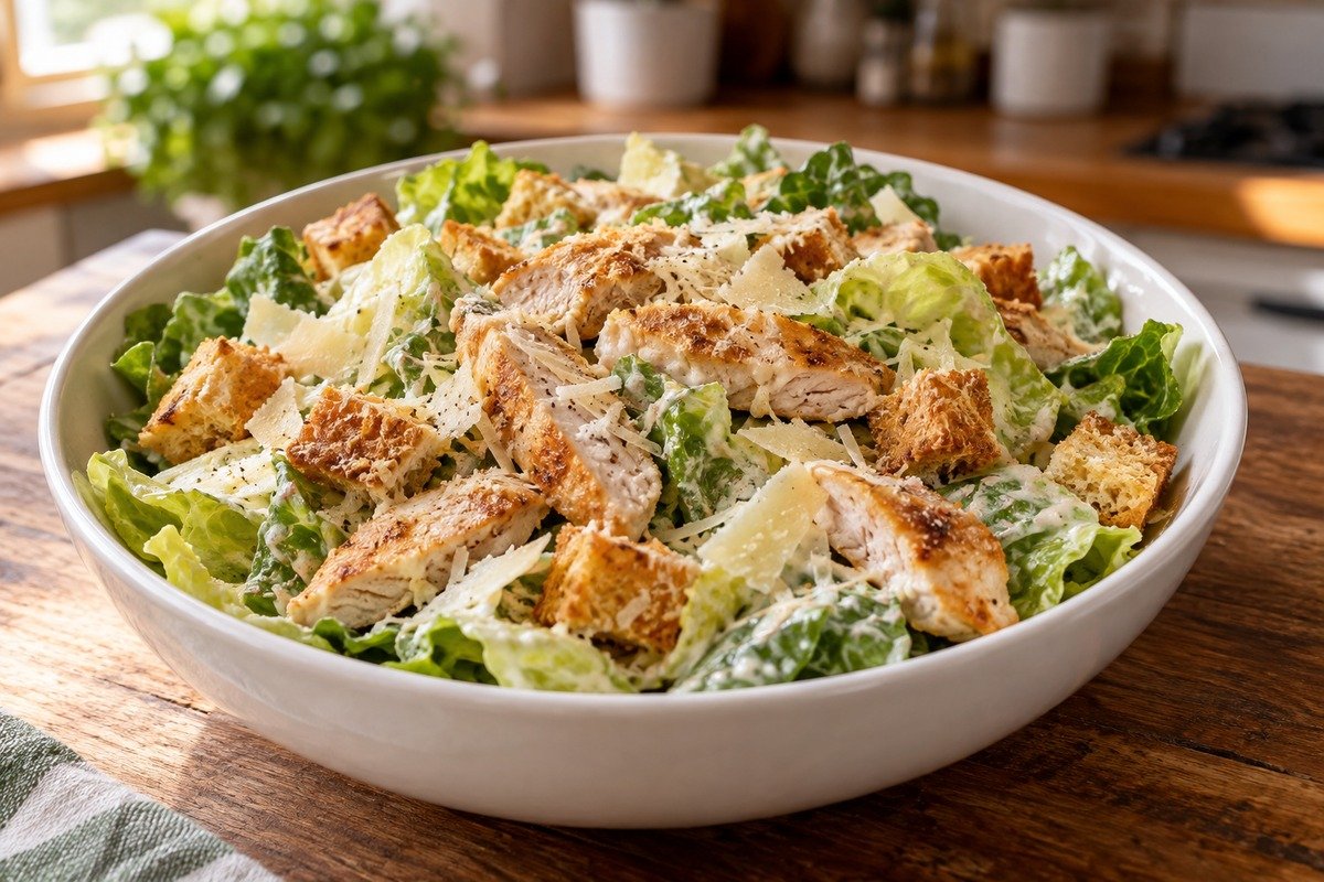 Salada Caesar com alface, tiras de frango grelhado, croutons e parmesão em tigela branca