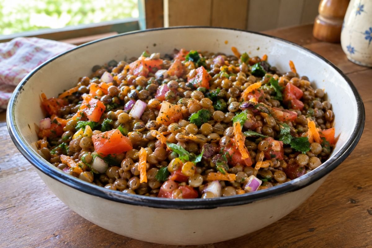 Salada de lentilha em apresentação caseira sobre mesa simples