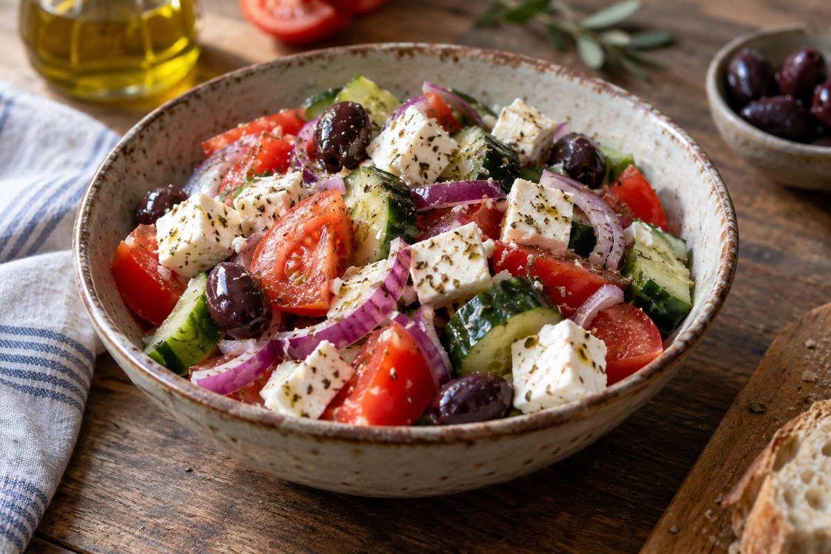 Salada grega com queijo, tomate, pepino e azeitonas em tigela sobre mesa rústica