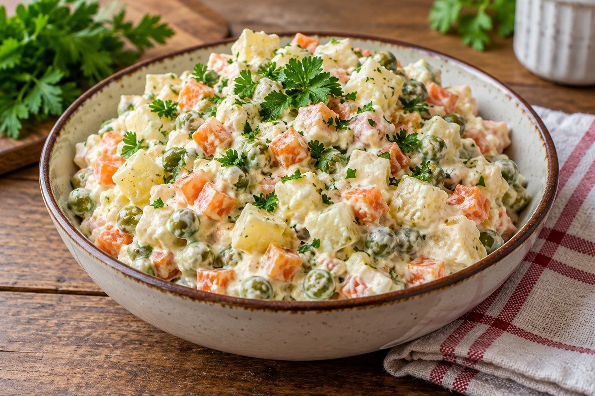 salada russa cremosa em tigela clara com cubos de batata, cenoura, frango, ervilha, picles e pedaços de ovo cozido
