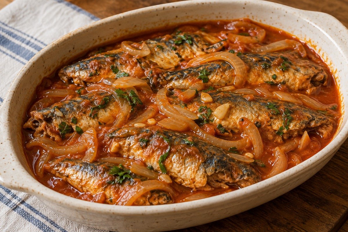 Sardinhas macias em travessa com molho de tomate, cebola e ervas, em apresentação caseira.