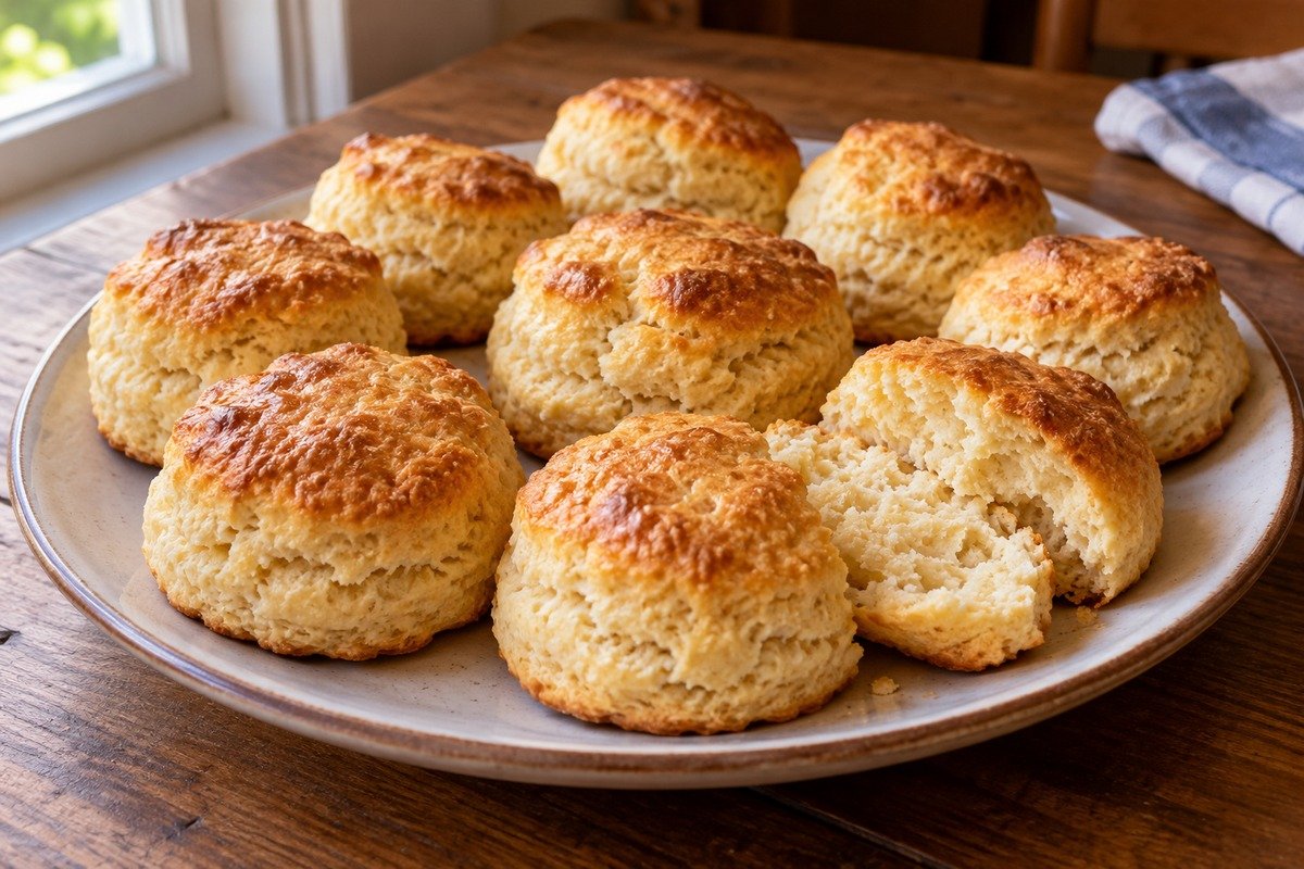 Scones redondos e dourados em prato simples, com um deles aberto mostrando o miolo claro e macio