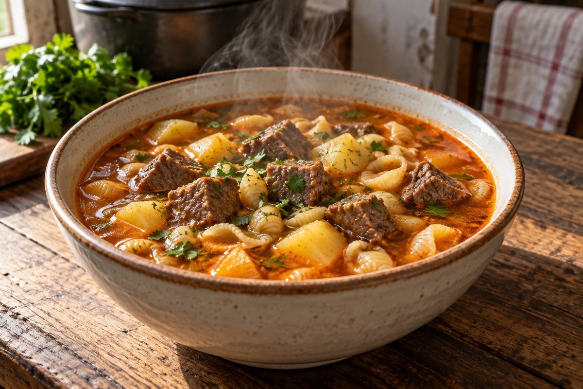 Sopa de carne com batata e macarrão em caldo encorpado