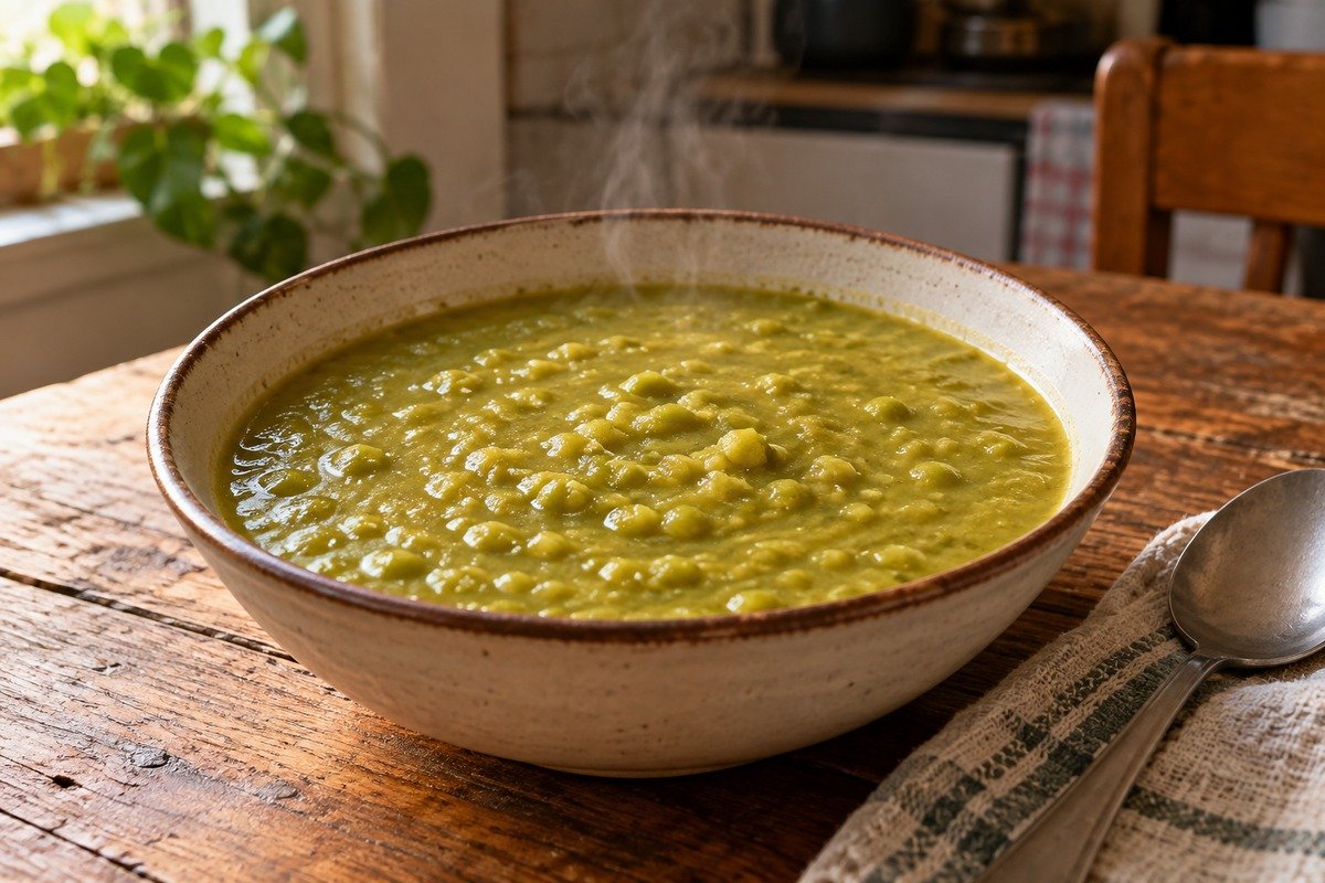 Sopa verde de ervilha, espessa e rústica, servida fumegante em tigela funda simples.