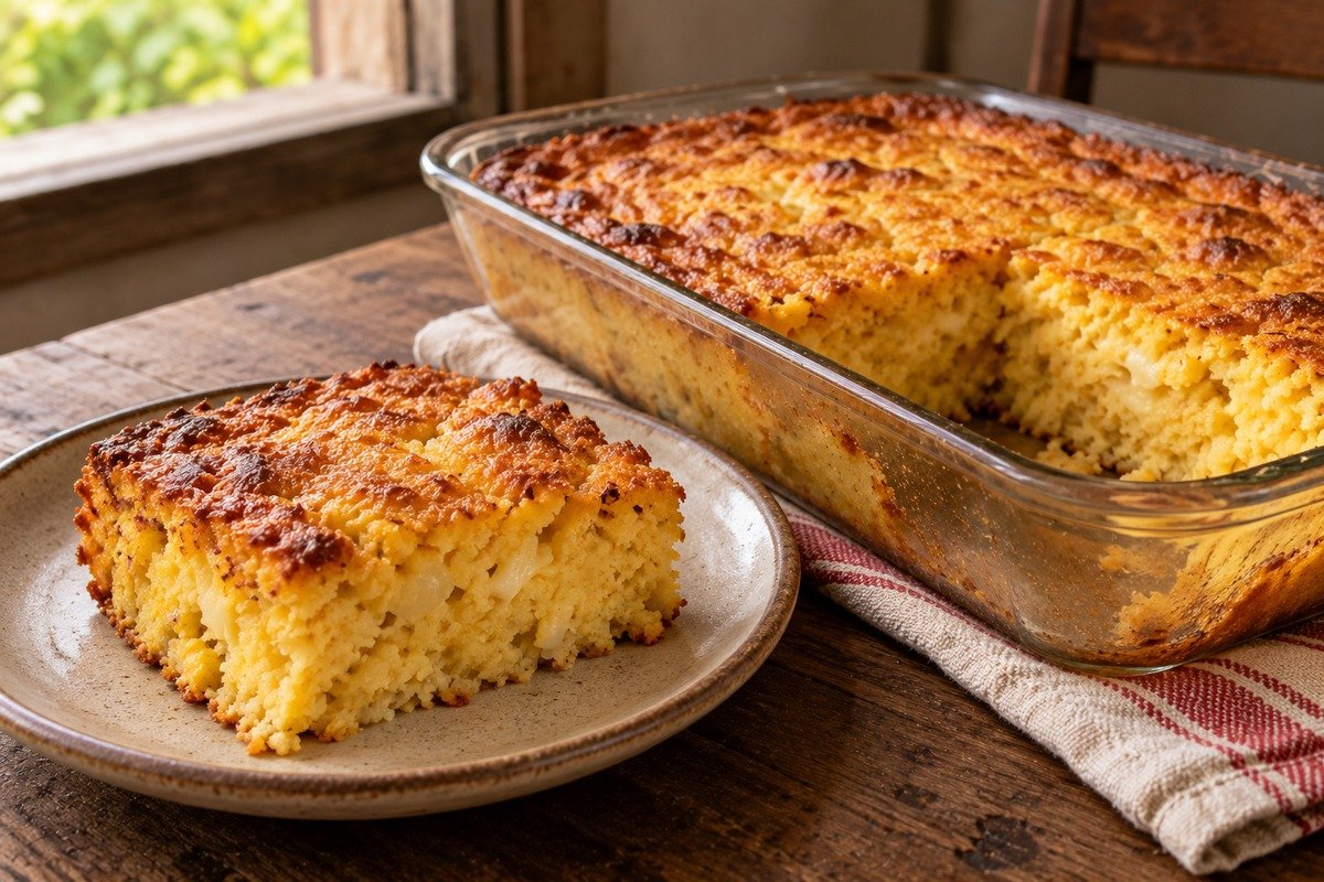 Sopa paraguaia dourada em prato simples sobre mesa rústica