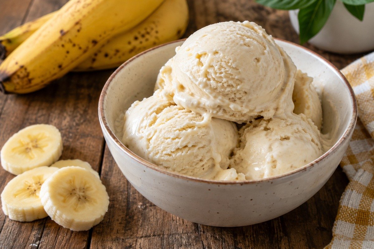 Sorvete de banana fácil servido em tigela rústica com rodelas de banana
