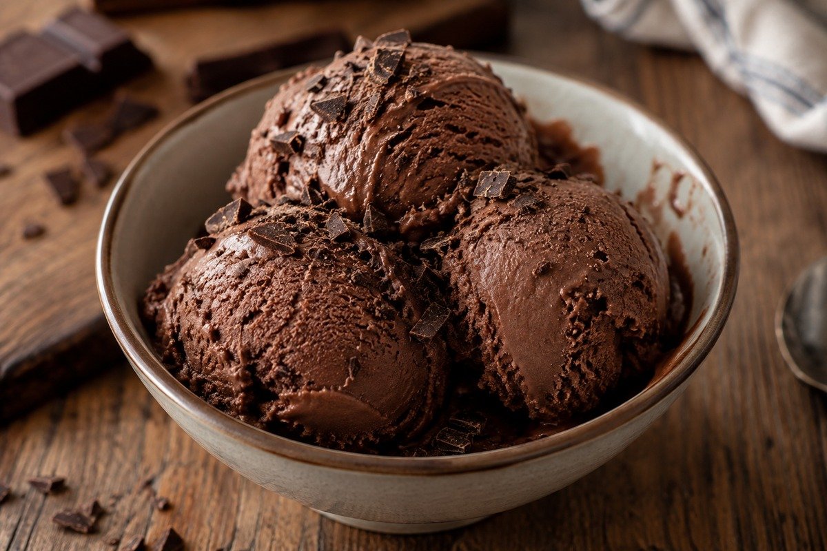 Sorvete de chocolate em tigela simples sobre mesa rústica