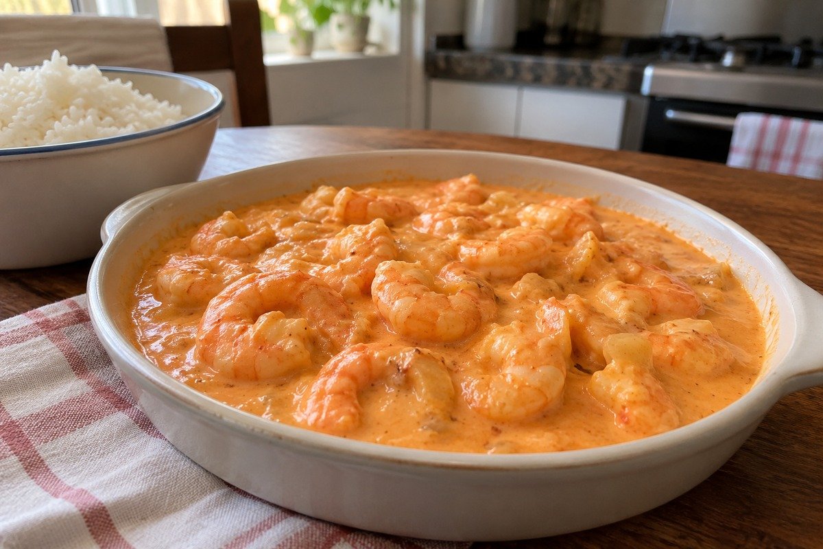 Strogonoff de camarão cremoso em travessa baixa, com camarões rosados em molho alaranjado e arroz branco ao lado.