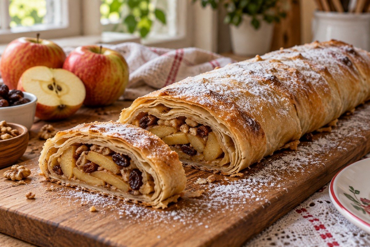 Strudel dourado com maçãs, passas e nozes visíveis no corte