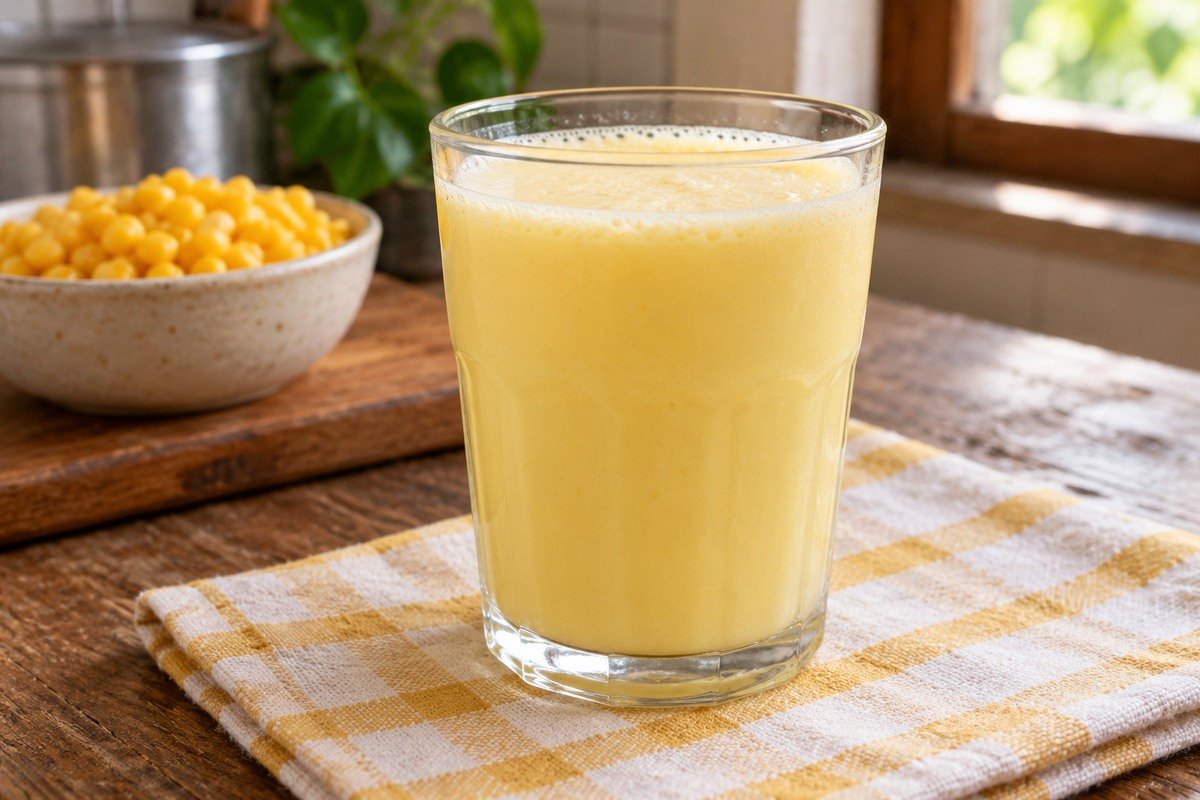 Copo de suco de milho claro e cremoso