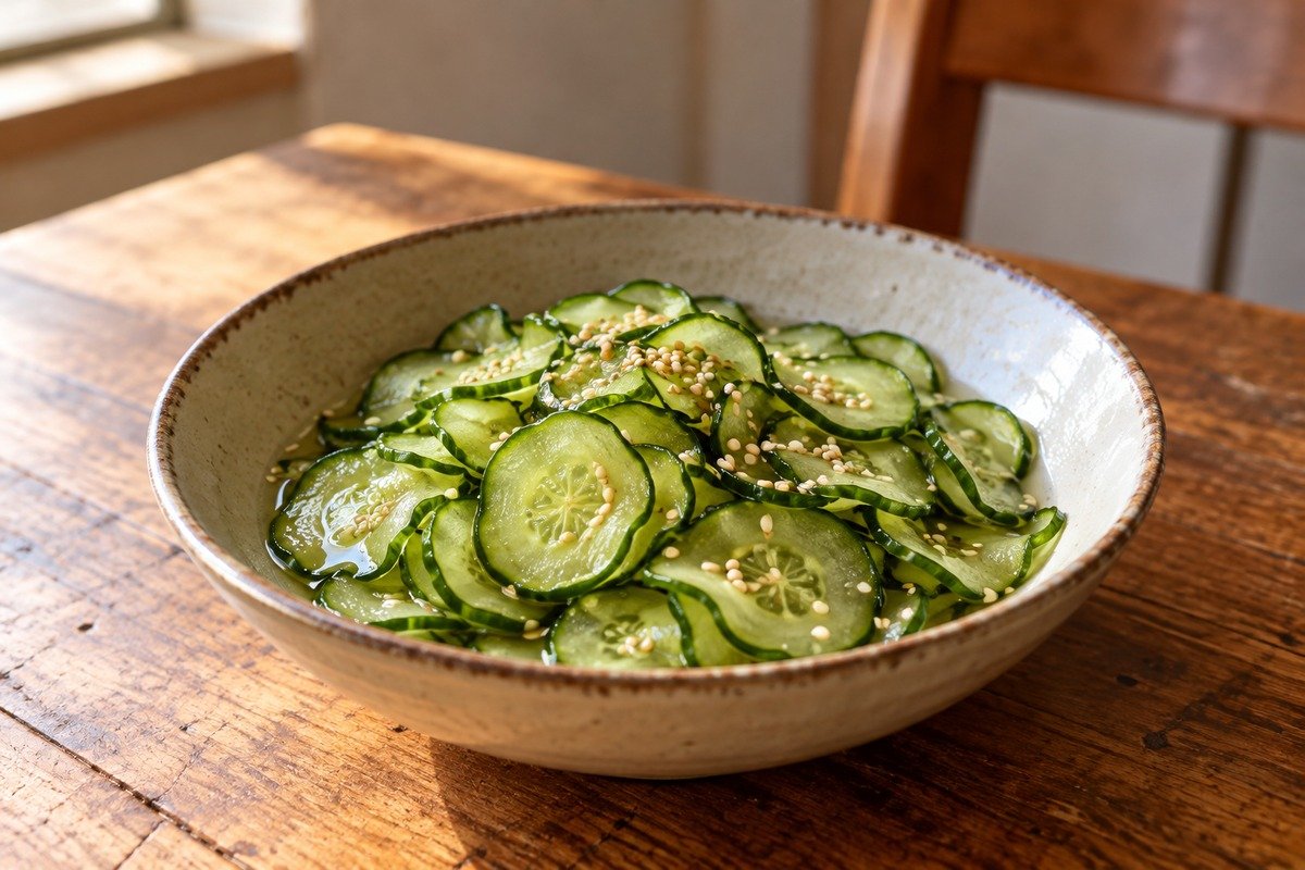 Fatias finíssimas de pepino japonês em molho transparente agridoce, finalizadas com gergelim.