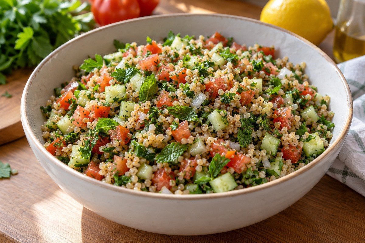 Tabule com trigo, tomate, pepino e ervas picadas