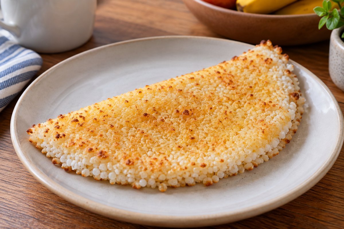 Tapioca granulada dourada na frigideira com textura de grãos