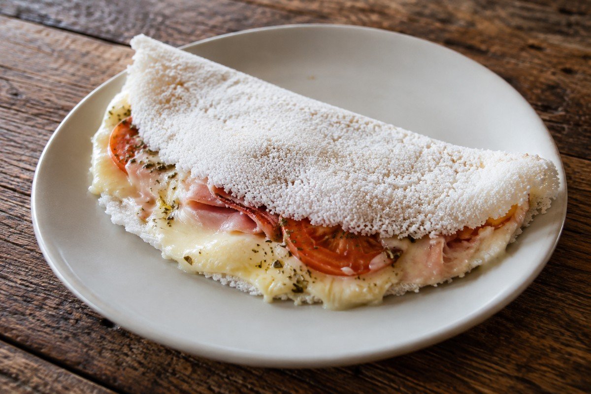 Tapioca salgada recheada e dobrada em prato simples sobre mesa rústica