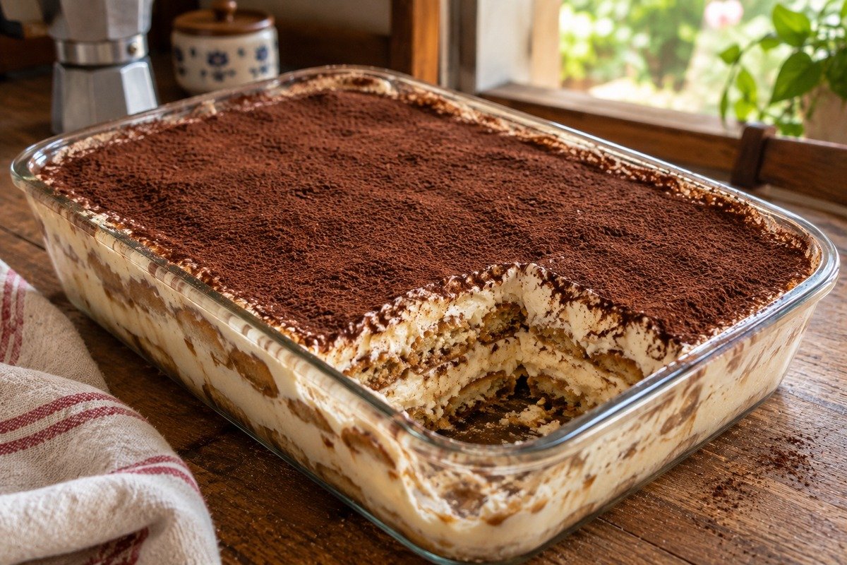 Tiramisu em camadas com creme de mascarpone e cacau por cima
