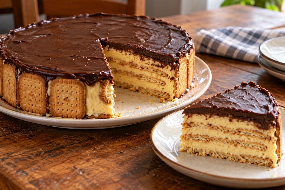 Torta alemã redonda com cobertura escura de chocolate e fatia cortada revelando camadas claras de creme e biscoito
