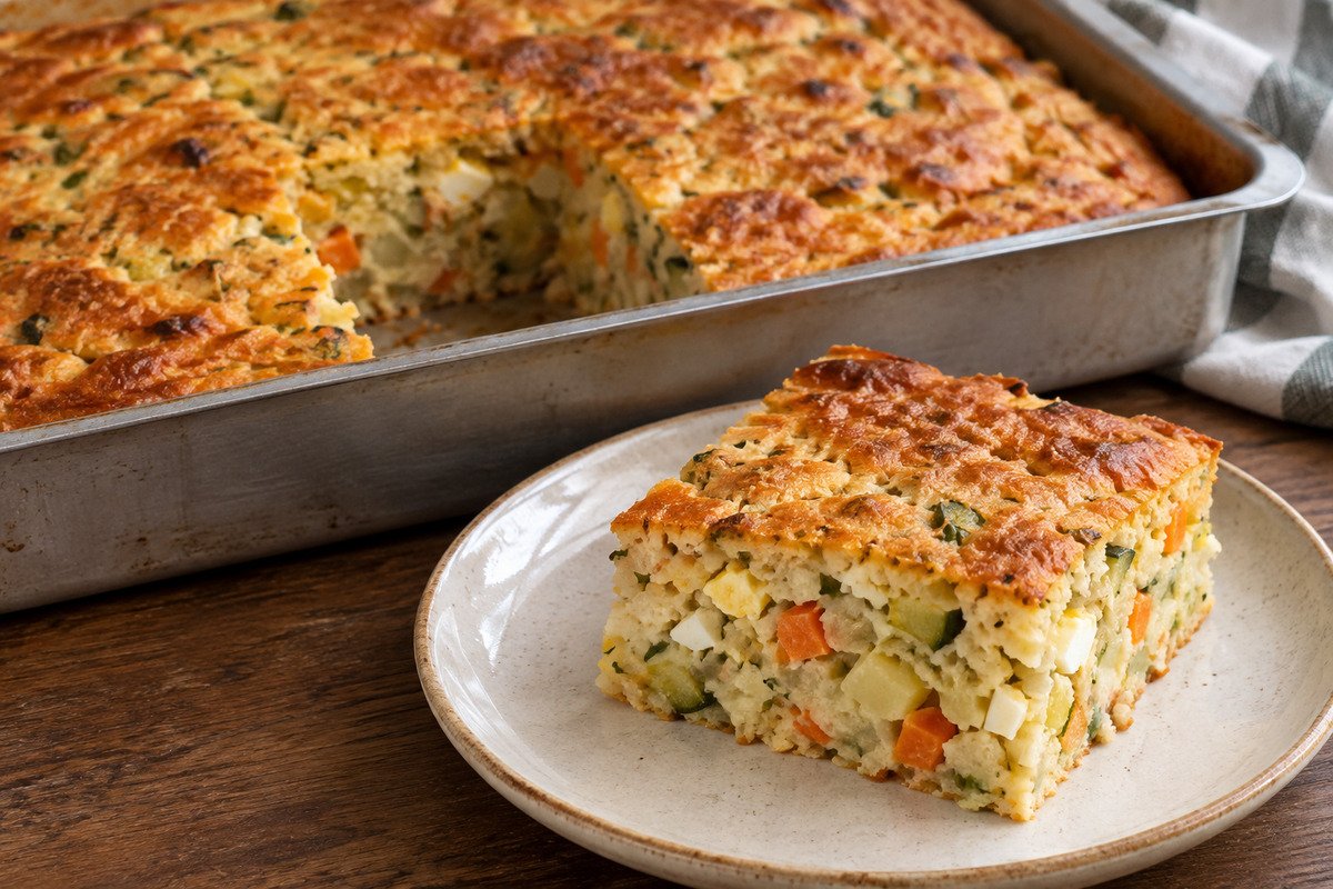 Torta de legumes dourada na assadeira e uma fatia cortada com legumes coloridos e ovo cozido.