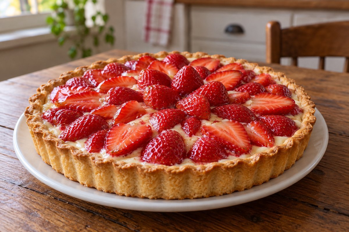 Torta de Morango pronto em apresentação caseira sobre mesa de madeira