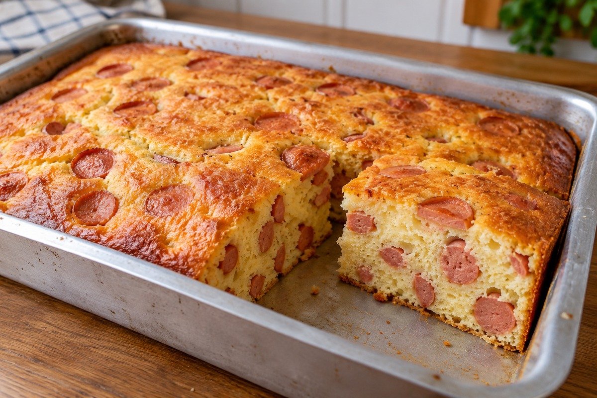 Torta de salsicha dourada em forma retangular, com rodelas visíveis na fatia.