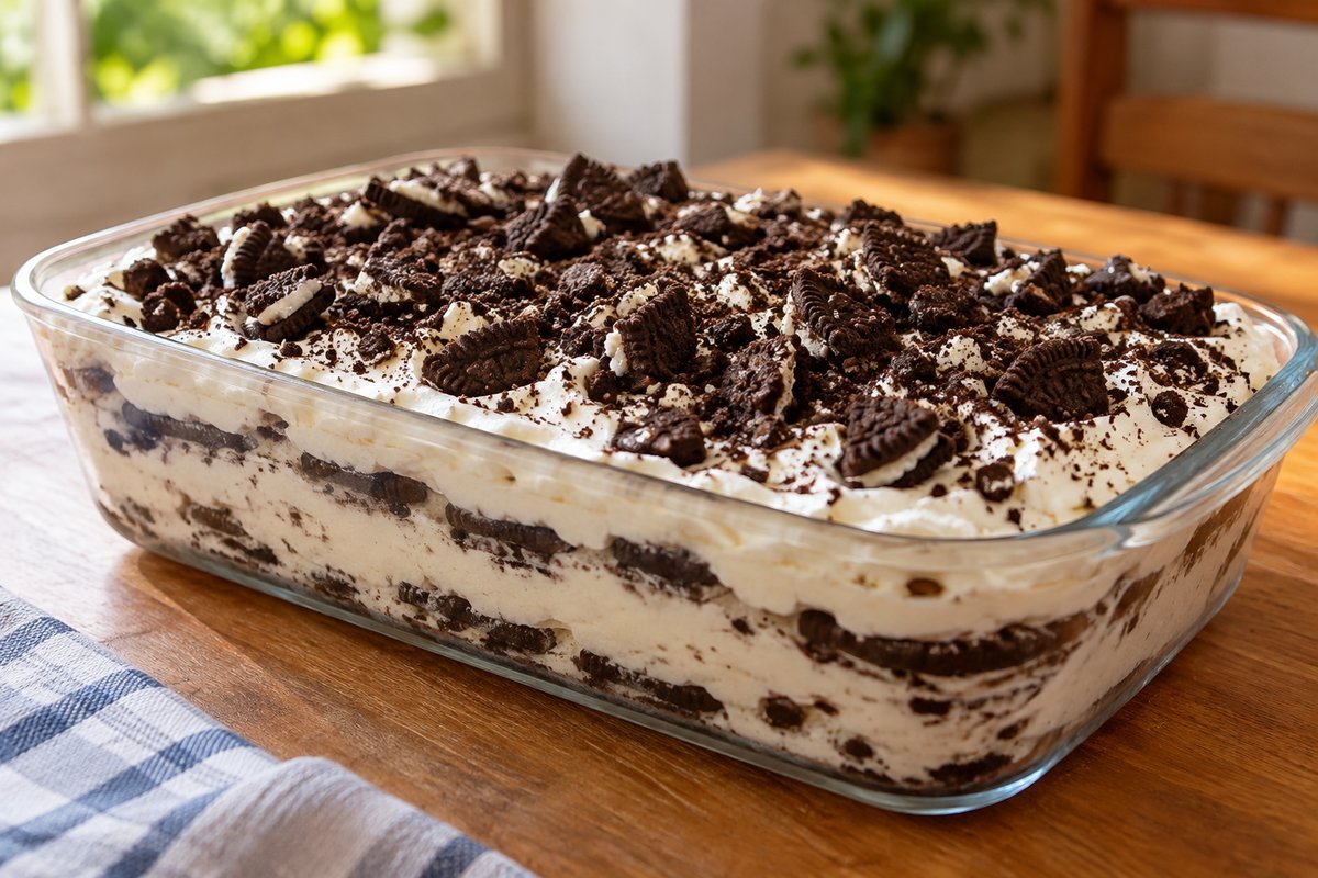 Torta gelada de Oreo em travessa de vidro, com camadas de creme e biscoitos e cobertura de Oreo triturada