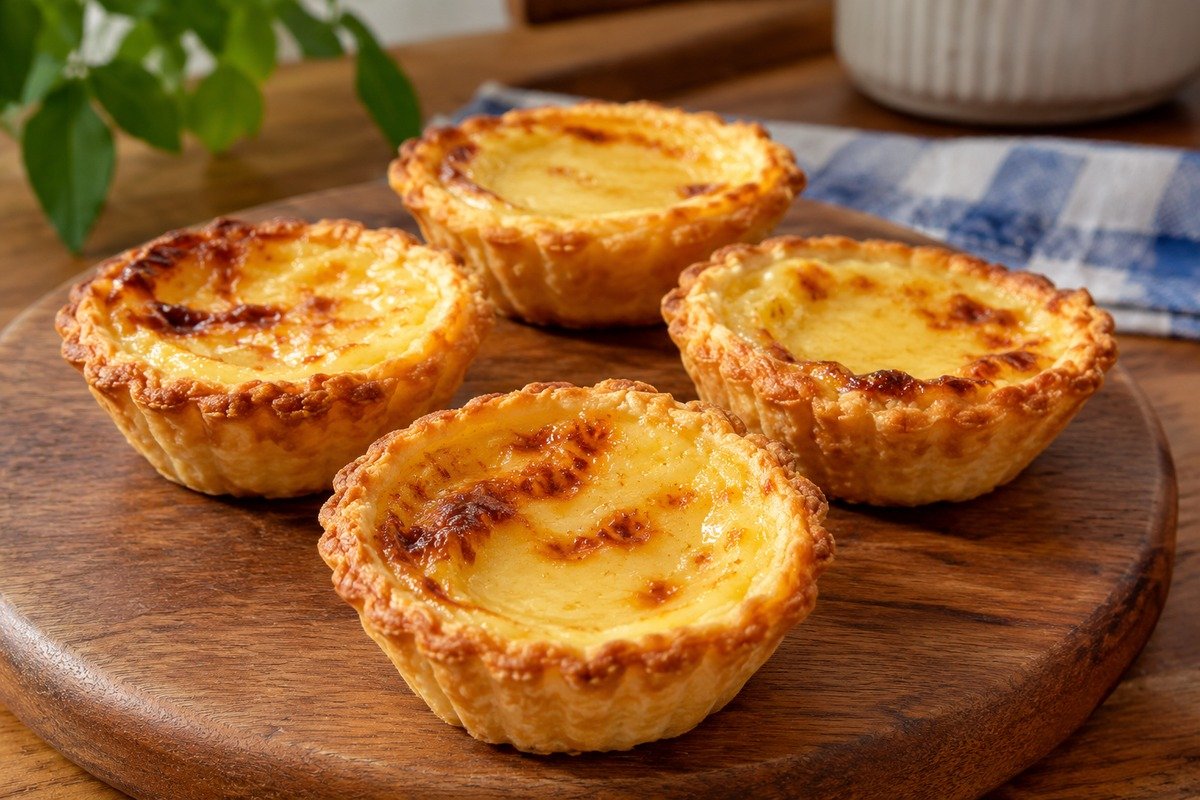 Torteletes douradas de leite condensado sobre tábua de madeira em cozinha simples