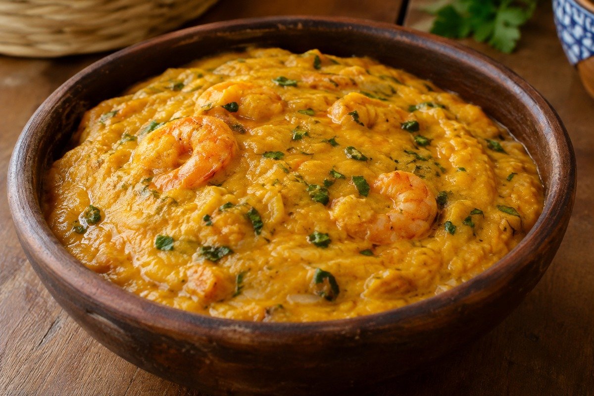 Vatapá de pão amarelo e cremoso servido em travessa simples