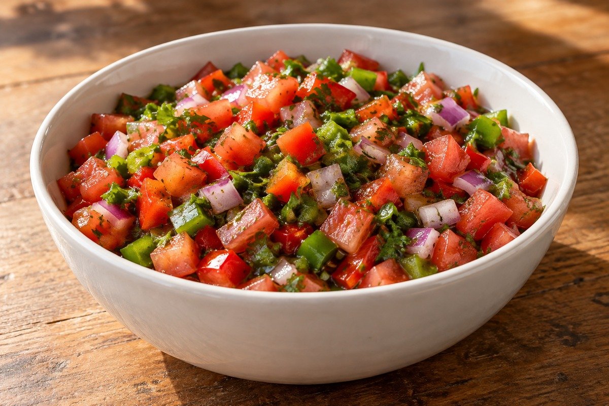 Vinagrete caseiro em tigela com tomate, cebola roxa, pimentões e ervas picados em cubinhos.