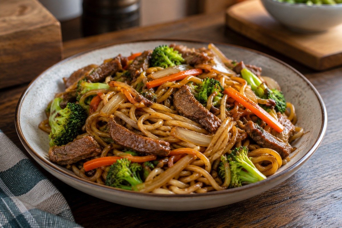 Yakissoba de carne com legumes servido em prato fundo sobre mesa de madeira