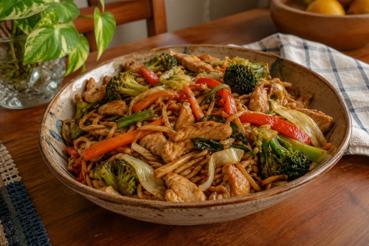 Yakissoba de frango com legumes servido em prato fundo rústico